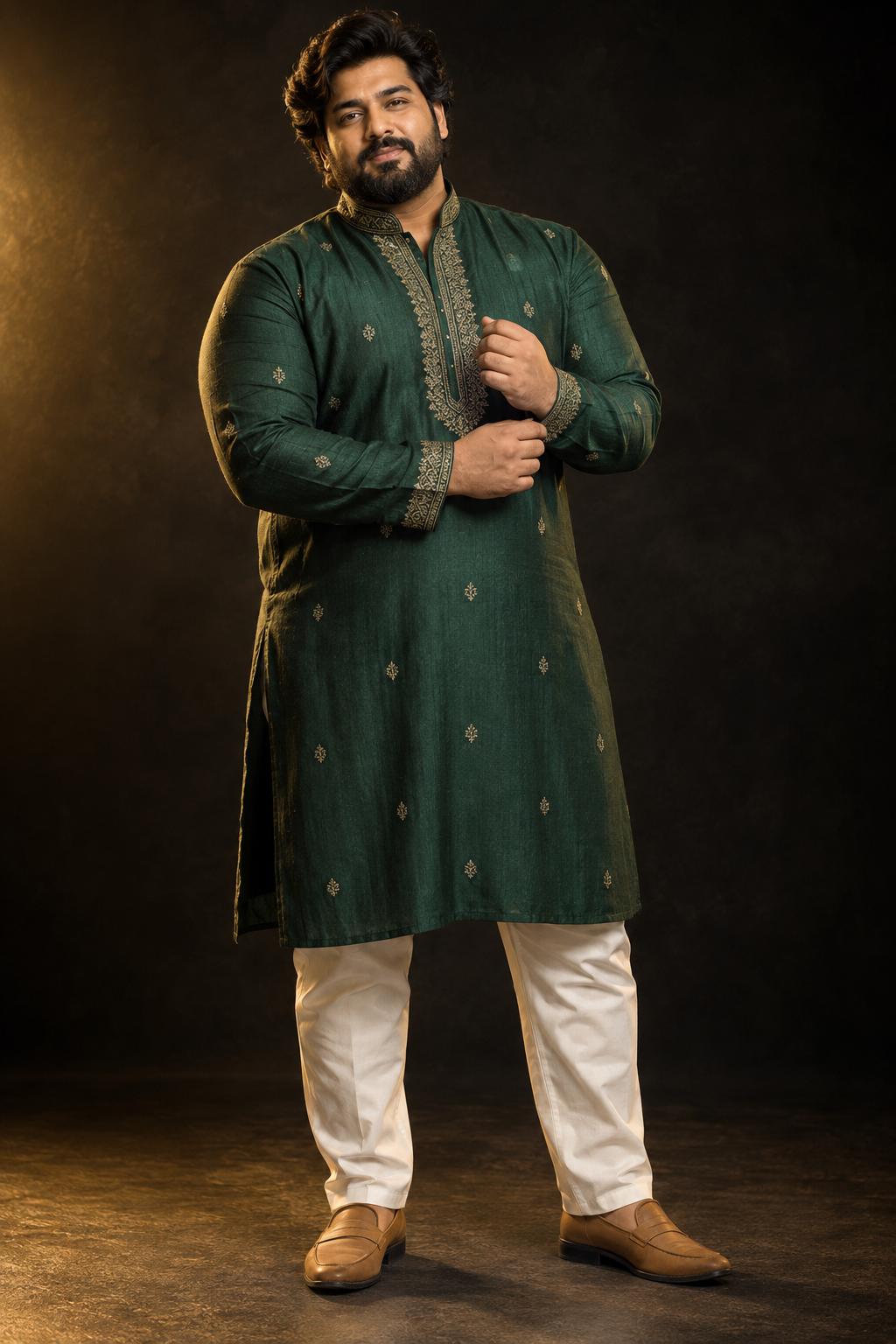 Plus-size male model wearing an emerald embroidered kurta