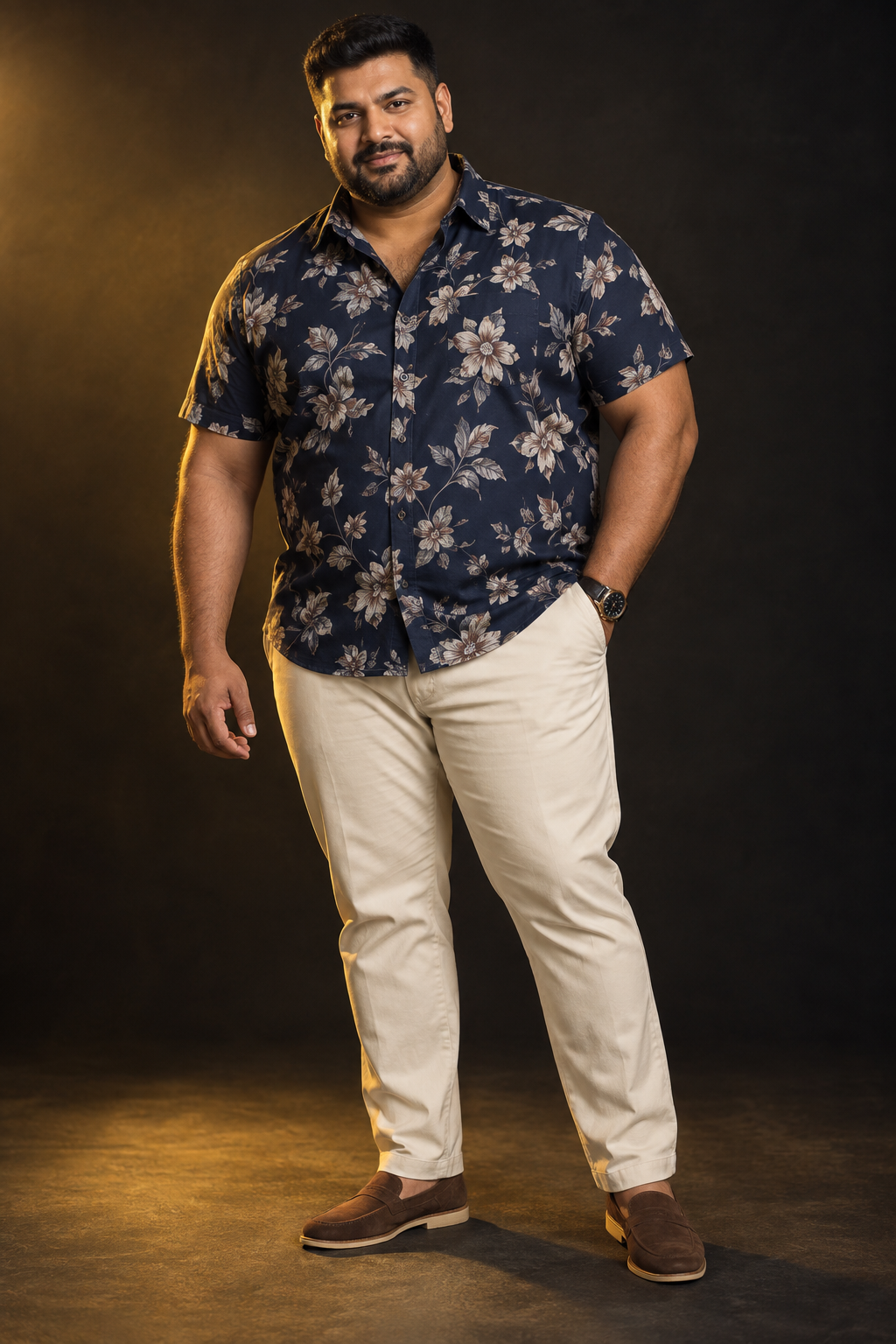 Plus-size male model wearing a navy floral shirt