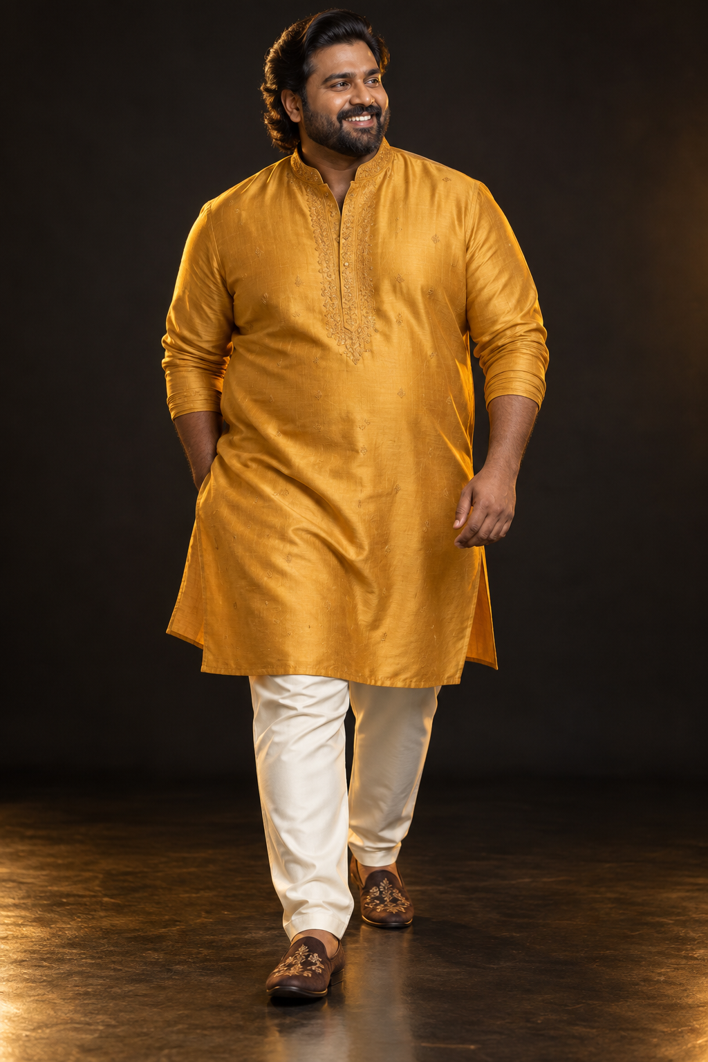 Plus-size male model wearing a saffron embroidered kurta