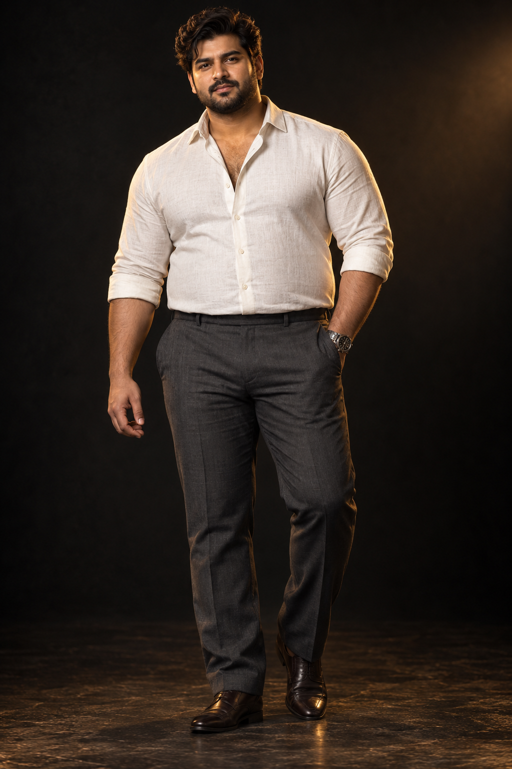 Plus-size male model wearing an ivory linen shirt
