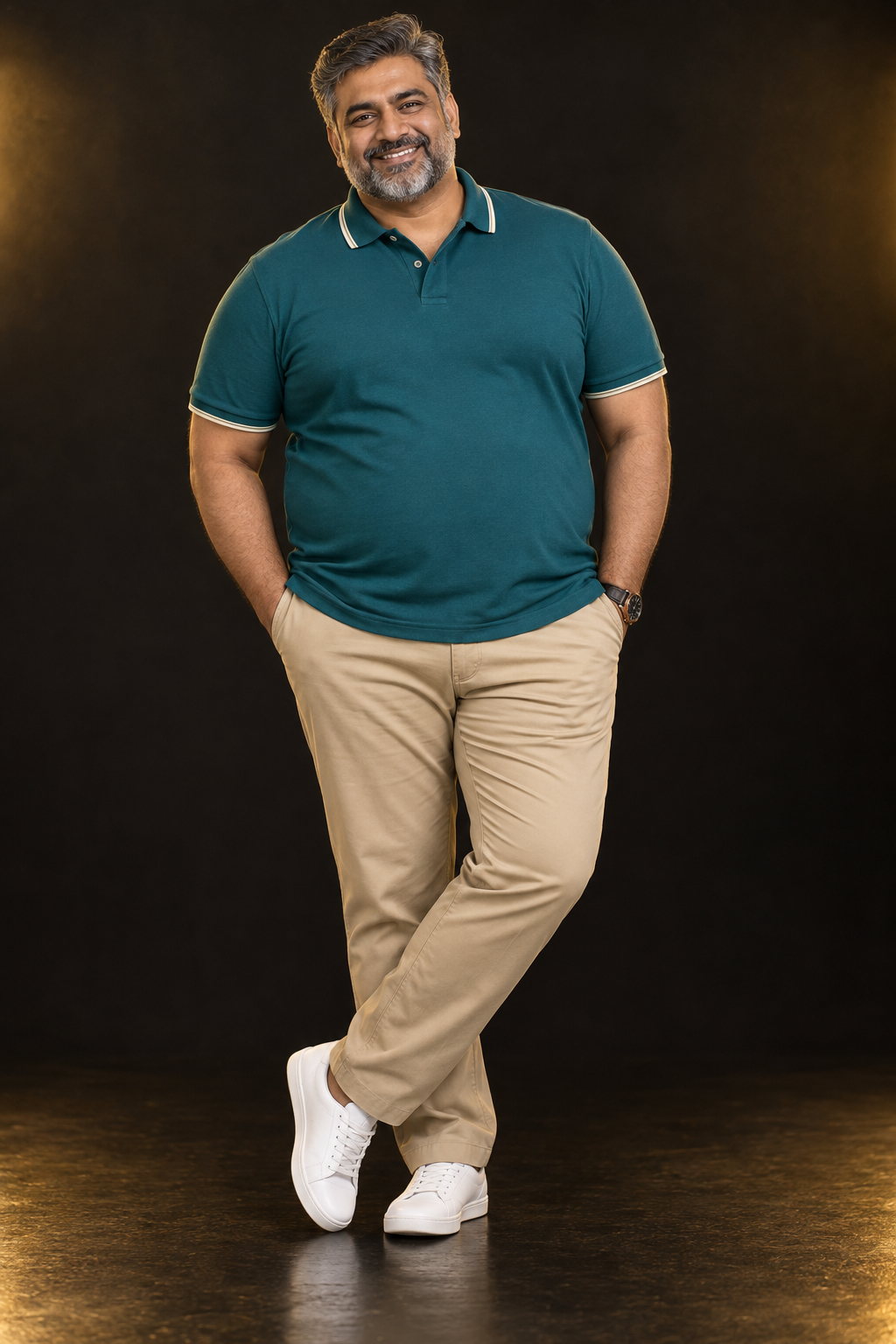 Plus-size salt-and-pepper male model wearing a teal polo