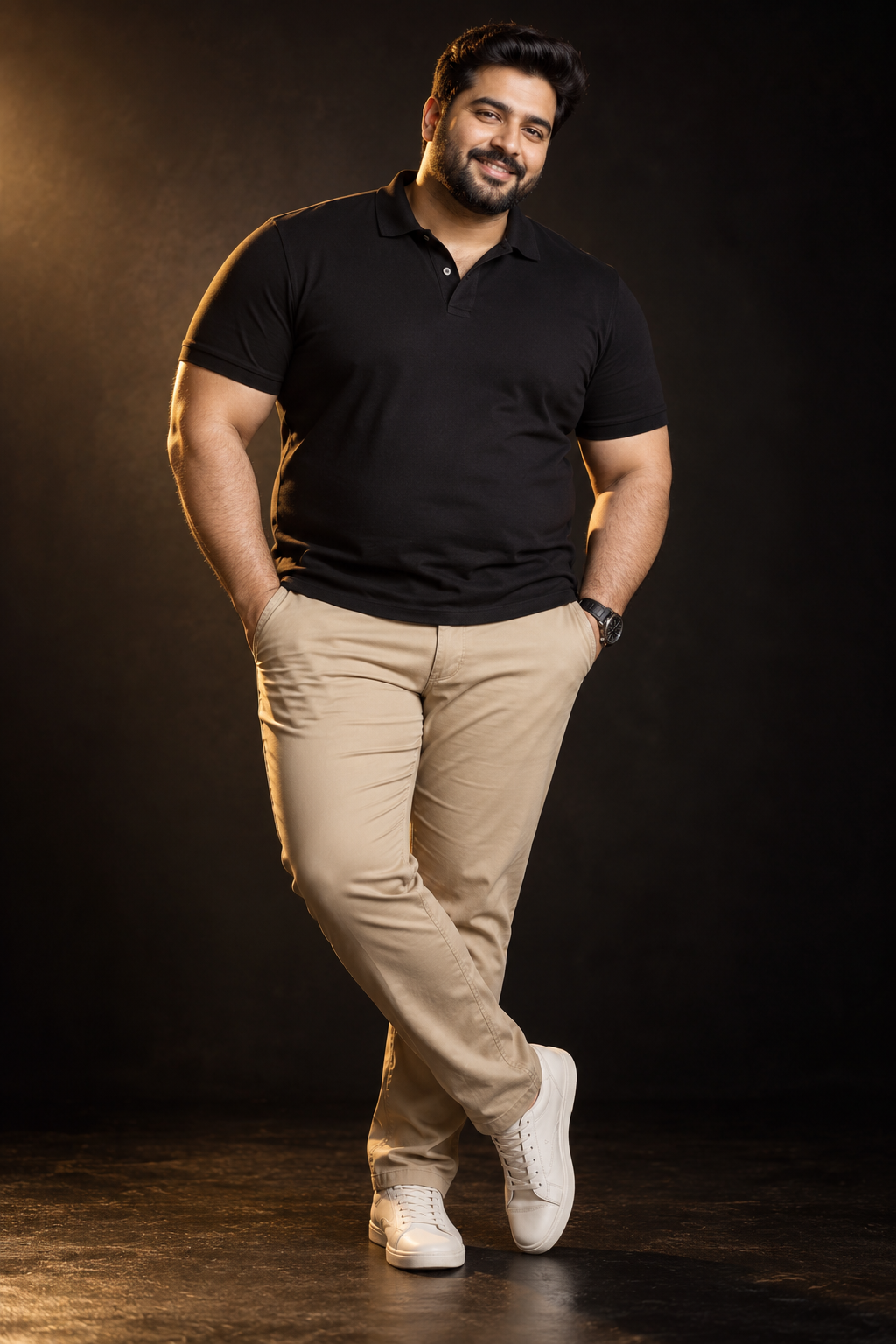Plus-size male model wearing a black polo T-shirt